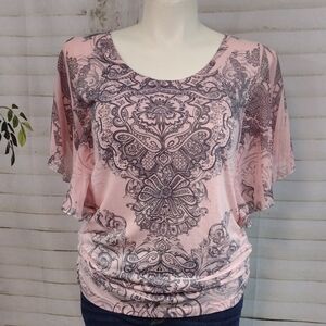 Espresso Pink and Gray Patterned Dressy Tee, Size XL